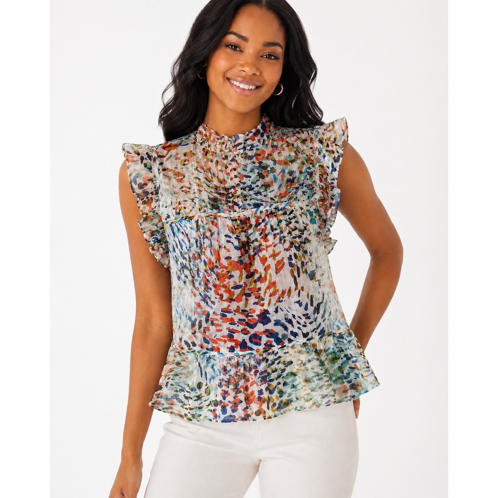 Marie Oliver Silk Lurex Ruffle Peplum Blouse‎ XS Floral Mock Neck Boho Luxe